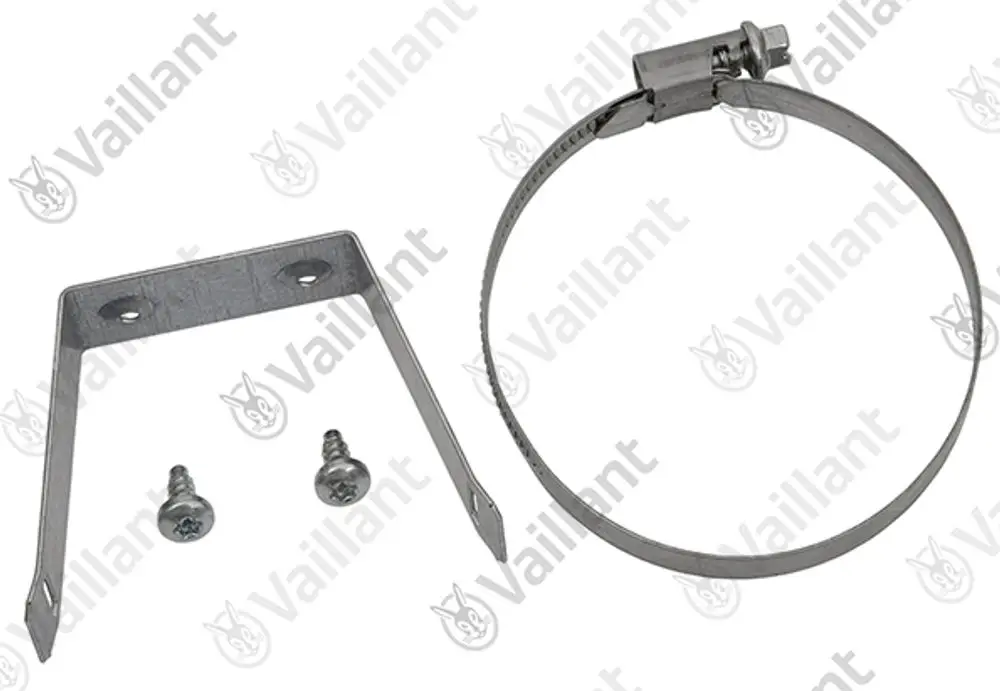 Vaillant Halterungsset bestehend aus einer Metallhalterung mit zwei Schrauben und einem Edelstahlband. Ideal zur Befestigung von Geräten oder Rohrleitungen.